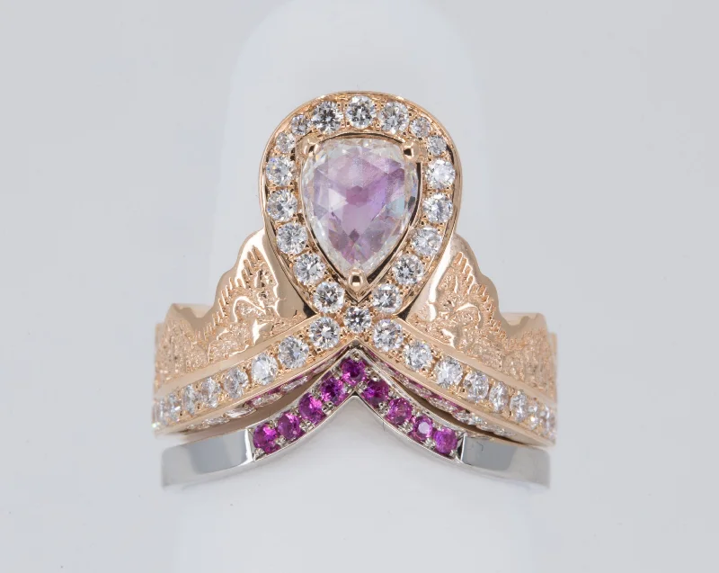 Radiant - cut diamond engagement ring with a bezel - set center stone in 18K yellow gold0.52 ct Rose Cut Pear Diamond Ring in 14K Rose Gold with a Matching Pink Sapphire and Diamond Ring in 14K White Gold - Size 6