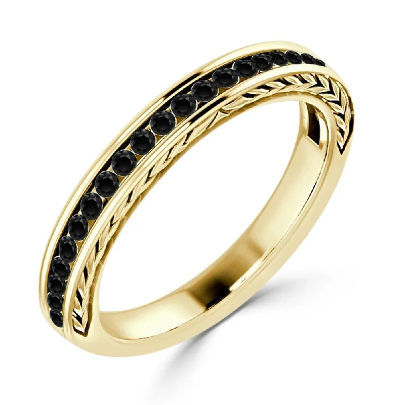 Art Deco - Inspired Women's Diamond Rings with Geometric Designs and Baguette - Cut DiamondsAuriya Carved 3/8ctw Black Diamond Stackable Wedding Band in 10K Gold