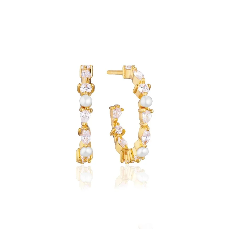 Small hoop earringsAdria Creolo Medio Gold Plated Hoops w. White Zirconias & Pearls