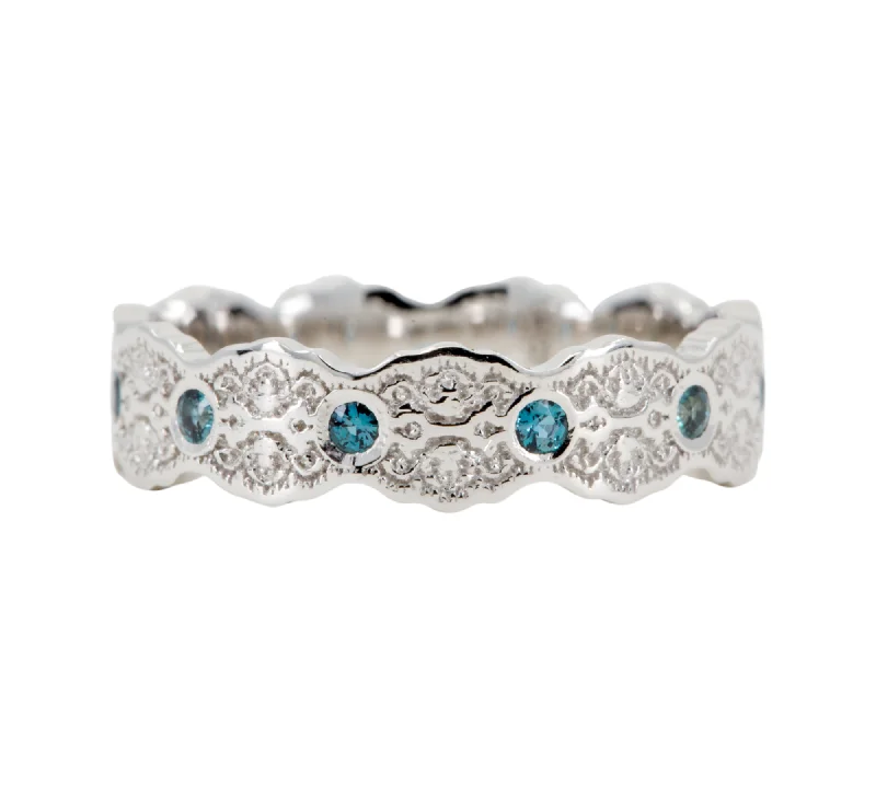 Aquamarine and diamond engagement ring in a 18K white - gold setting with a scalloped edgeAria Lace Wedding Ring with Alexandrites in 14k White Gold - Size 5