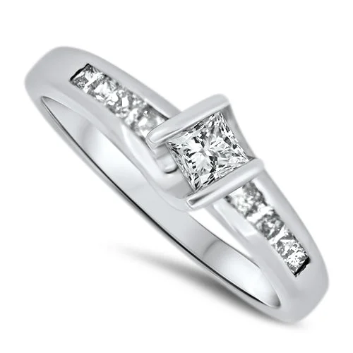 Vintage - Style Women's Diamond Rings with Floral - Engraved Bands and Multiple Diamond Accents0.50ct Princess Cut Diamond Ring in 18ct White Gold