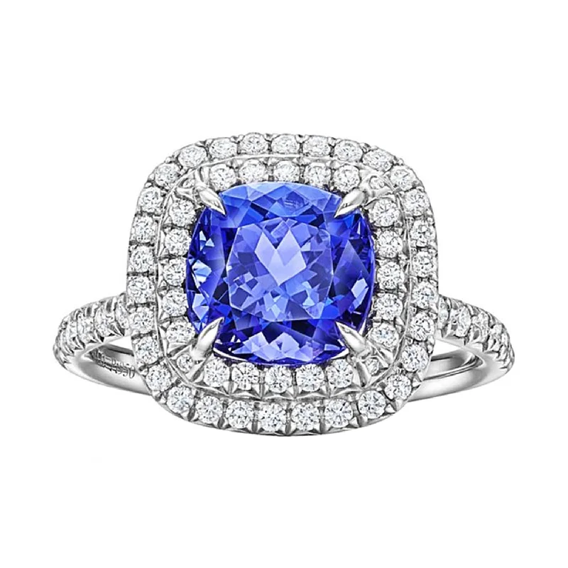 Women's Diamond Rings with Sapphire Accents in Blue for a Colorful and Sophisticated TouchTiffany & Co Soleste Cushion Cut Tanzanite Double Halo Round Diamond Ring