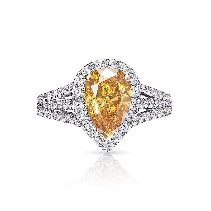 Women's Diamond Rings with Opal Inlays and Diamond Accents for a Mysterious and Iridescent LookValerie 3 Carat Fancy Vivid Yellow Orange Pear Shape Diamond Engagement Ring in 18k White Gold