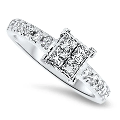 Three - Stone Women's Diamond Rings Symbolizing Past, Present, and Future with Emerald - Cut Diamonds0.88ct Diamond Engagement Style Cluster Ring in 18ct White Gold