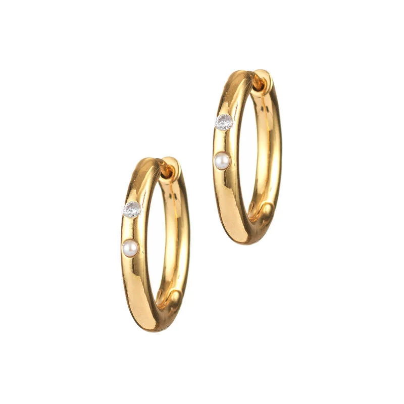 Lightweight hoop earringsBrigitte Gold Plated Hoops w. Zirconia & Pearls