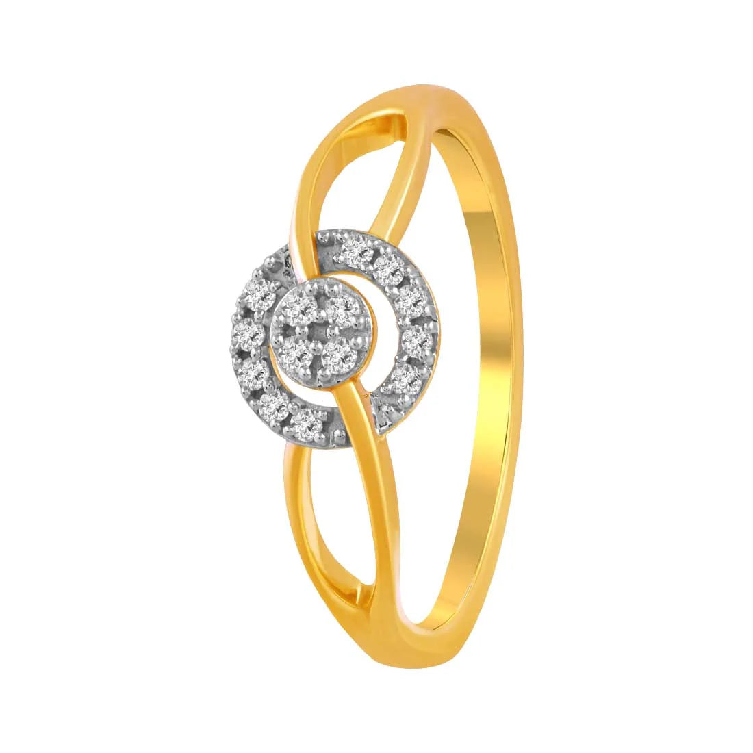 Cathedral - Style Women's Diamond Rings with a Raised Center Setting and Elaborate Metalwork14K Gold Ring With A Curved Design And A Diamond Studded Circular Cluster Set On The Band