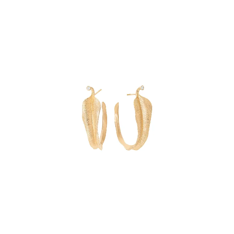 Minimalist hoop earringsSmall Leaves 18K Gold Hoops w. Diamonds