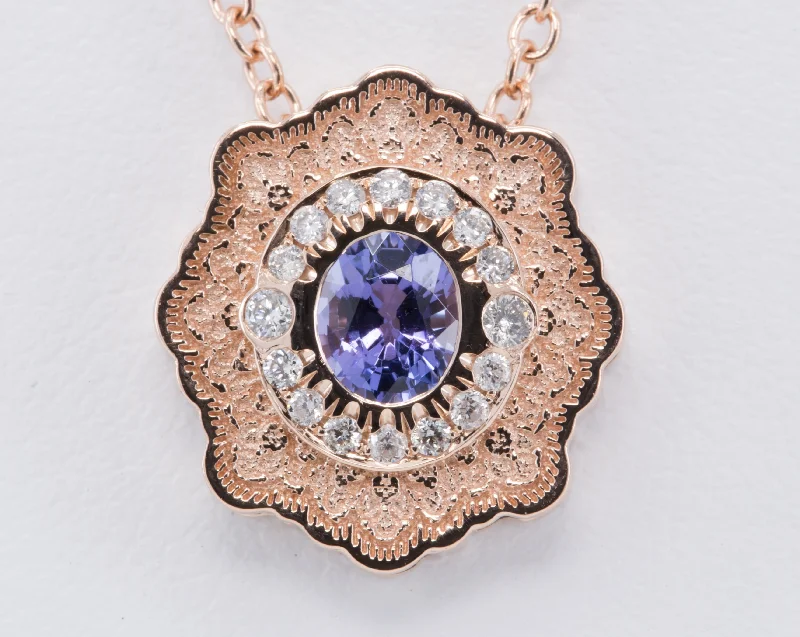 Princess - cut diamond engagement ring with a pavé - set band in platinumTanzanite and Diamond Lace Pendant in 14K Rose Gold