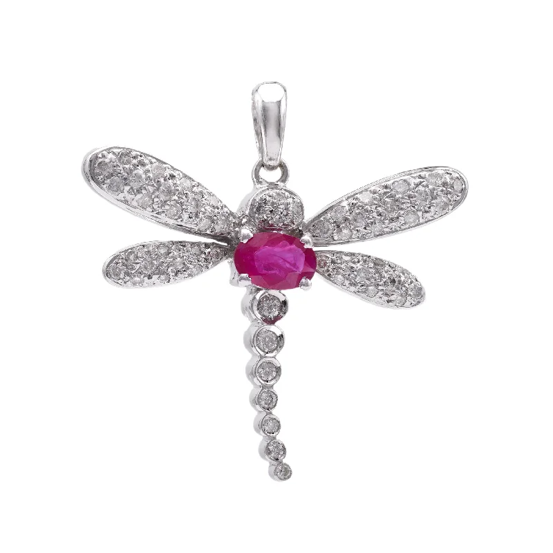 Round - cut diamond engagement ring with a twisted band design in 14K white goldVintage French Ruby Diamond 18k White Gold Dragonfly Pendant