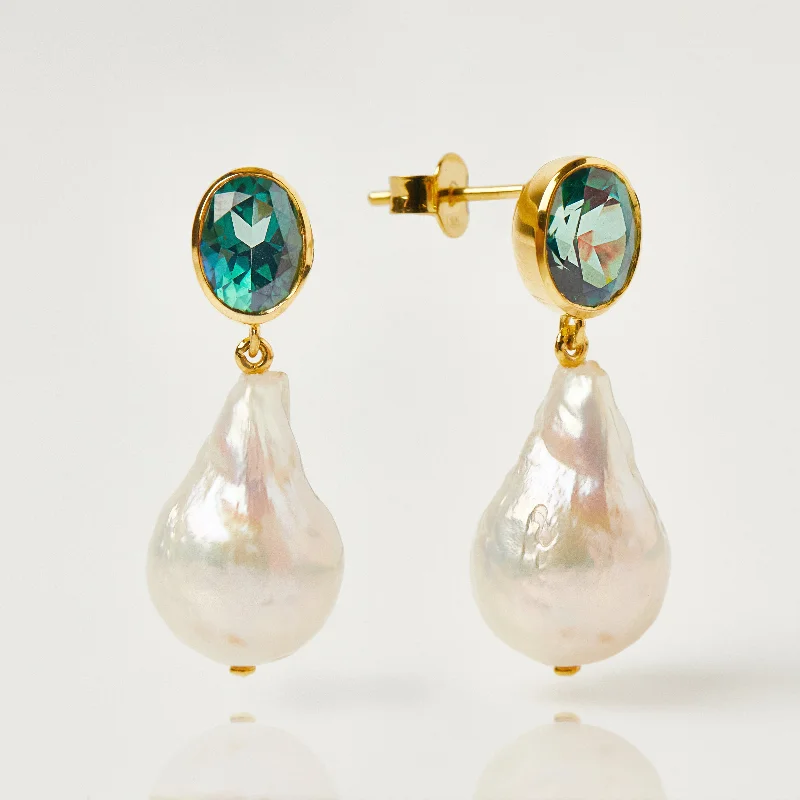 Ruby drop earrings to symbolize passion and loveBaroque Pearl and Green Topaz Drop Earrings