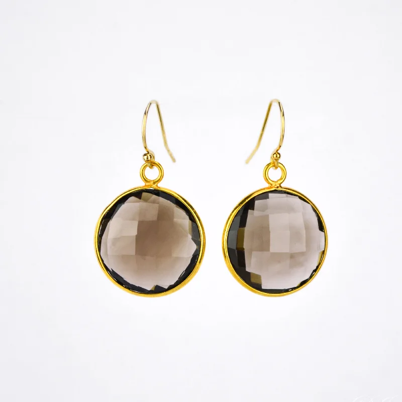 Stackable drop earrings for a unique and personalized styleSmoky Quartz Large Round Vermeil Gold or Sterling Silver Bezel Set Earrings