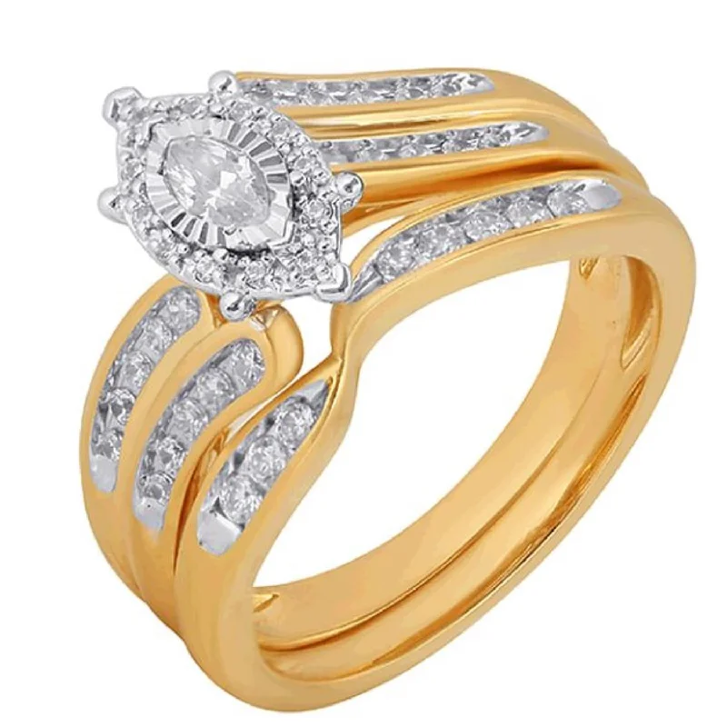 Solitaire Engagement Rings with a High - Clarity Round Diamond and Tapered Band1/2 CTW Diamond Bridal Set Ring in 10KT White and Yellow Gold