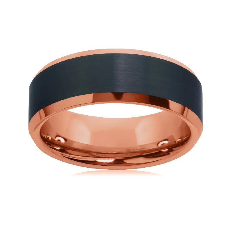 Two - Tone Gold and Silver Wedding Bands with a Twist Design for a Contemporary and Eye - Catching Style8MM Wedding Ring in Rose Tungsten with Black Satin Center