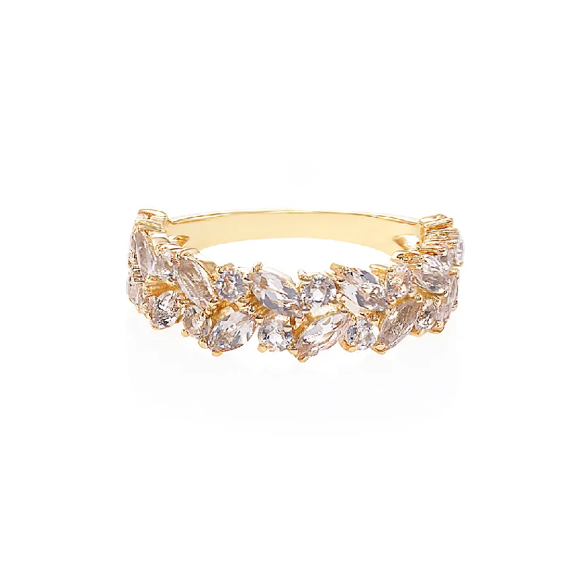 Moissanite - Set Wedding Bands in Yellow Gold for a Sparkling and Ethical Alternative to DiamondsMarquise Cut Morganite Half Eternity Ring in Yellow Gold