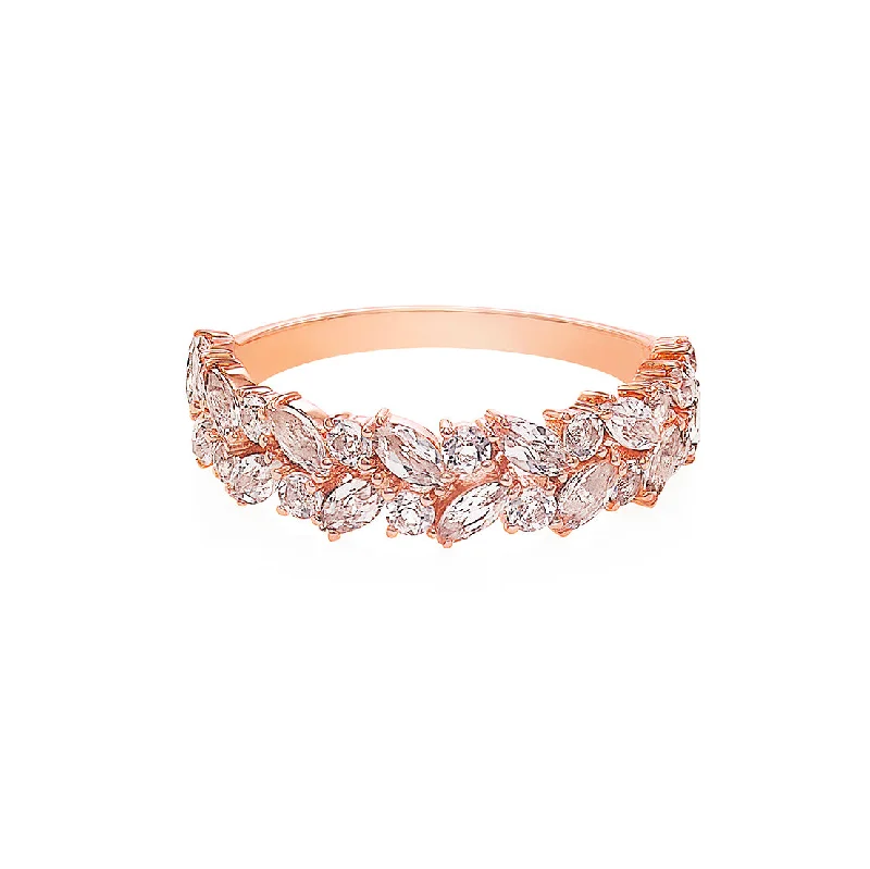 Moissanite - Set Wedding Bands in Yellow Gold for a Sparkling and Ethical Alternative to DiamondsMarquise Cut Morganite Half Eternity Ring in Rose Gold