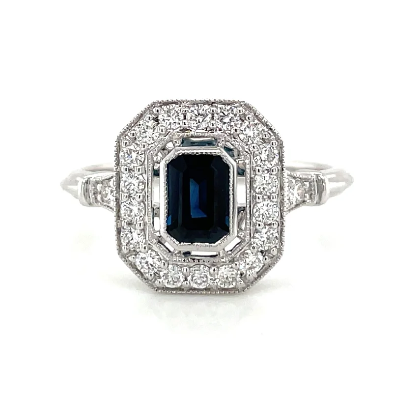 Sapphire Gemstone Rings in 18K White Gold with Diamond Accents for an Elegant EngagementEmerald Cut Sapphire & Diamond Vintage style White Gold Ring