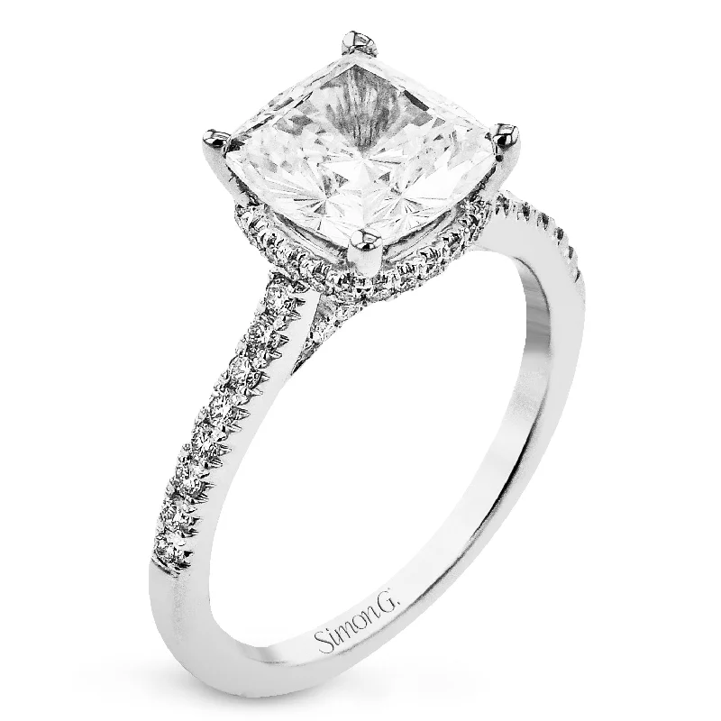 Cushion - Cut Halo Engagement Rings with a Platinum Band and Micro - Pave DetailsCushion-Cut Hidden Halo Engagement Ring In 18k Gold With Diamonds