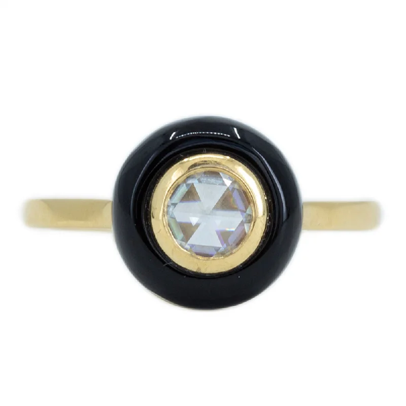 Emerald Gemstone Rings Set in Platinum with Filigree Work for a Vintage - Inspired LookArt Deco Rosecut Moissanite With Black Onyx Halo Ring In 18k Yellow Gold