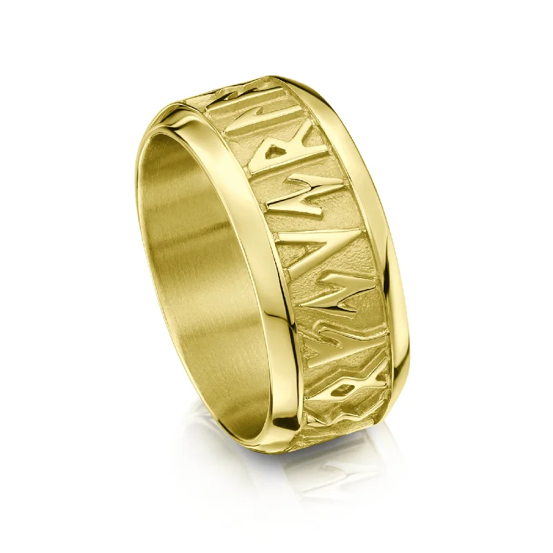 Laser - Etched Floral Design Wedding Bands in Palladium for a Delicate and Intricate LookRunic Dress Ring in 18ct Yellow Gold