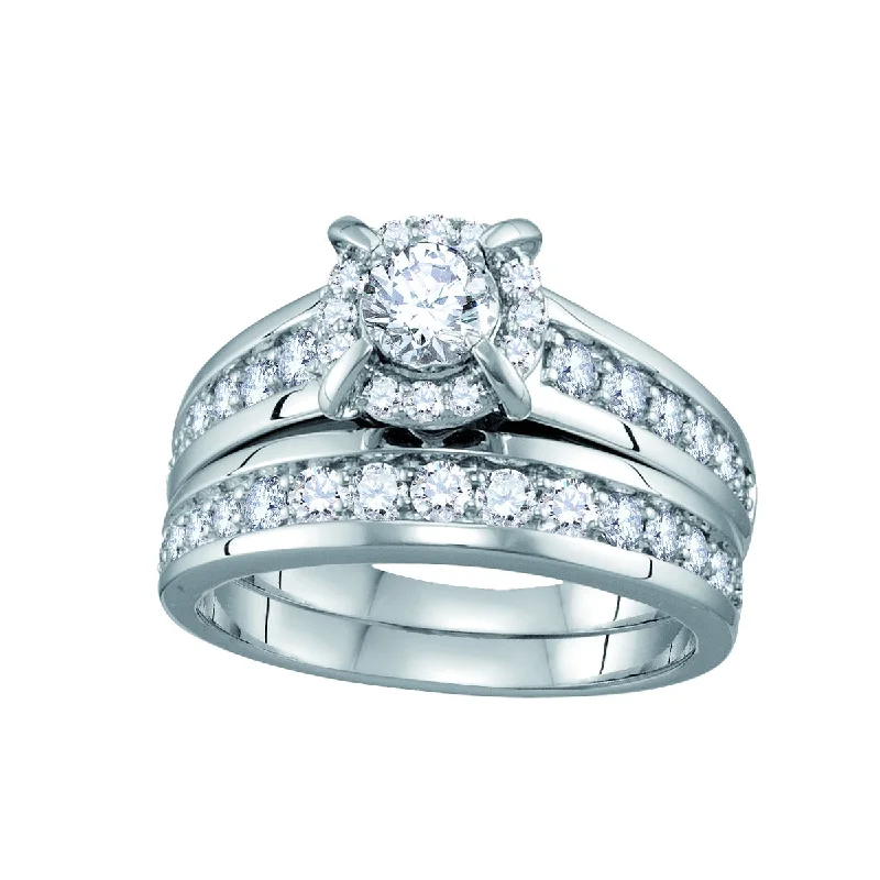 Classic Round Cut Engagement Rings with Platinum Prongs and Halo Setting for Timeless EleganceSignature 1 1/3 CTW Diamond Bridal Set Ring in 14KT White Gold