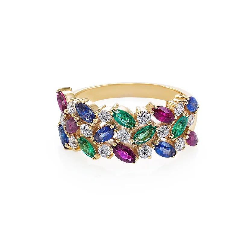 Sapphire - and - Diamond - Accented Wedding Bands in Platinum for a Royal and Sophisticated Look3-Row Natural Multi Gemstone (Ruby, Blue Sapphire, Emerald) Ring in 14K Solid Yellow Gold