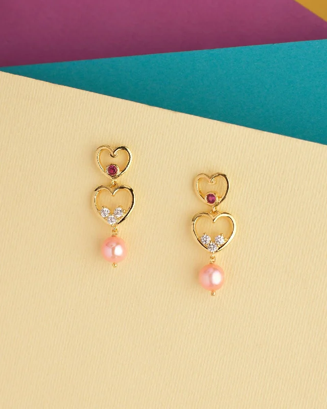 14K Gold Plated Heart - Shaped Stud Earrings for a Romantic and Feminine LookDual Heart Pink Drop Earring